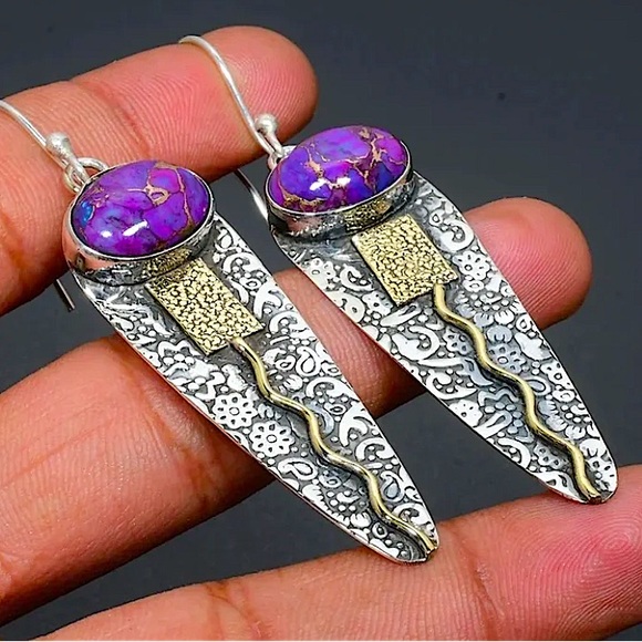 Silver Vintage Handmade Boho Purple Stone Geometric Irregular Dangle Earrings - Picture 5 of 6